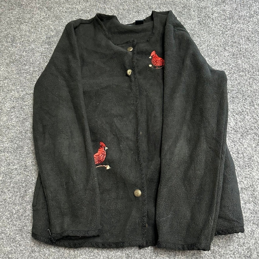 Basic Editions Cardigan Womens Size M Black Fleece Embroidered Cardinal Bird